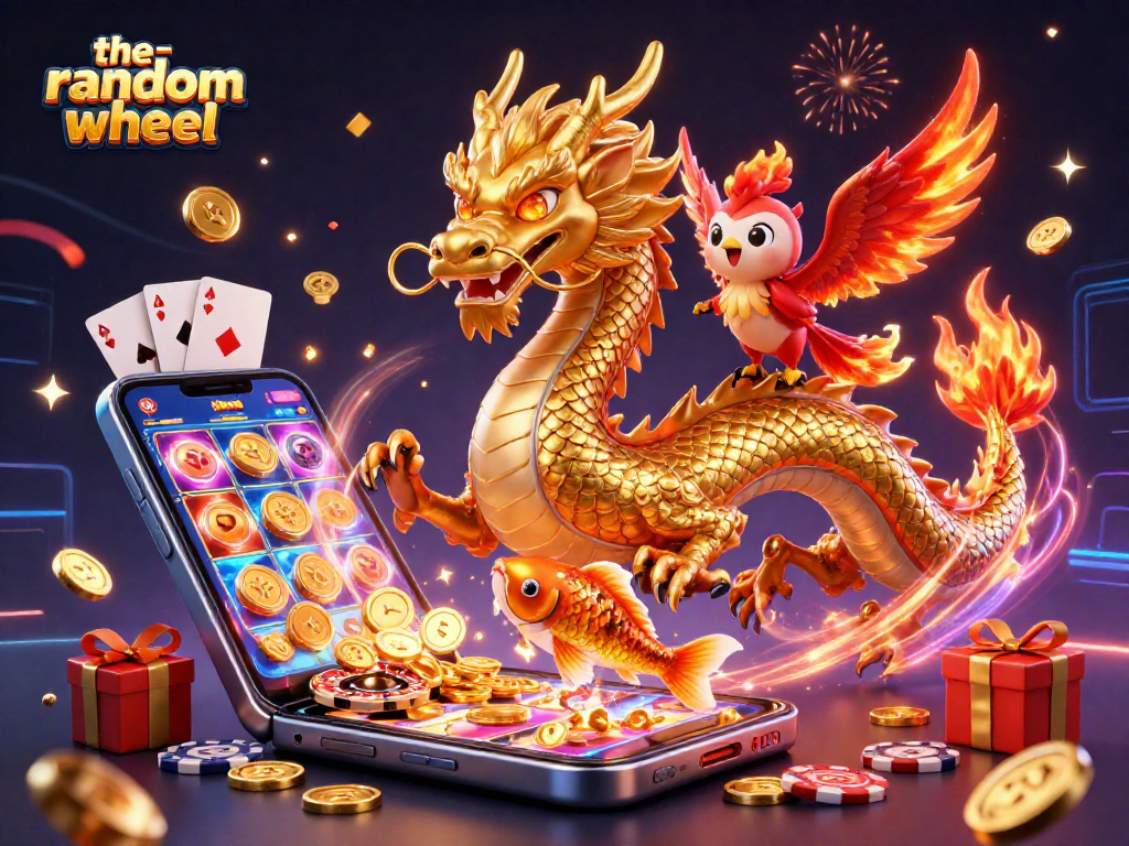 Engage with the-random-wheel in this vibrant illustration featuring the golden dragon amidst casino elements.