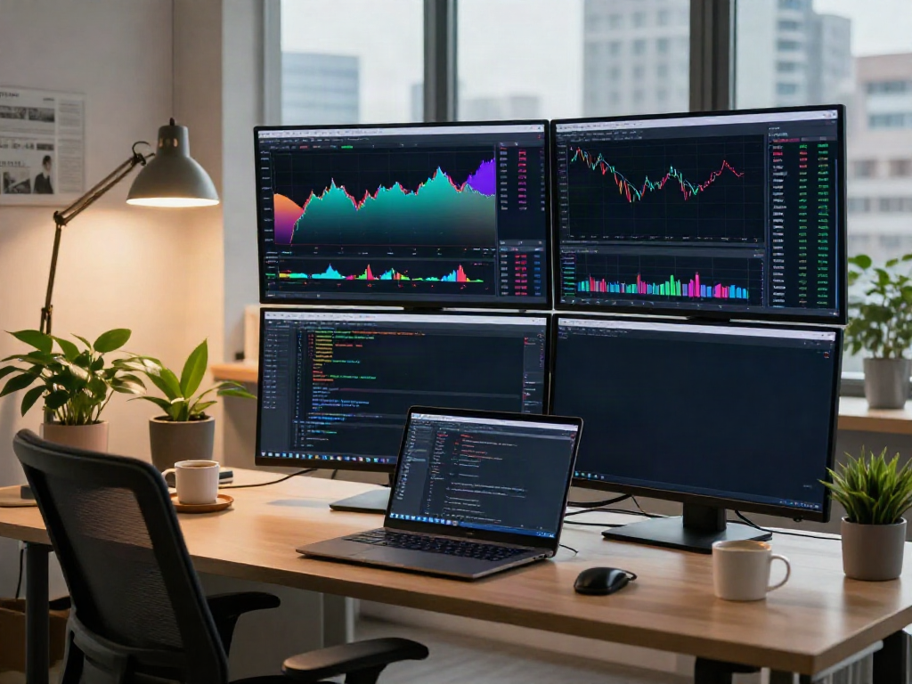 TSE market data feed being analyzed in a professional crypto trading workspace with monitors and coding tools.