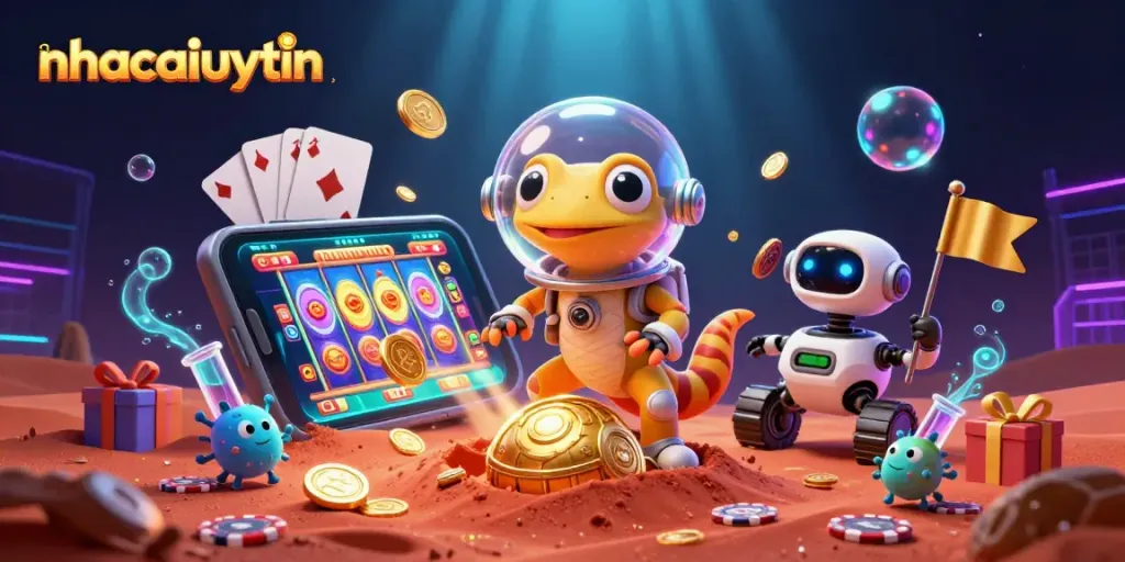nhacaiuytin Martian gecko discovers a golden casino in a vibrant 3D digital illustration