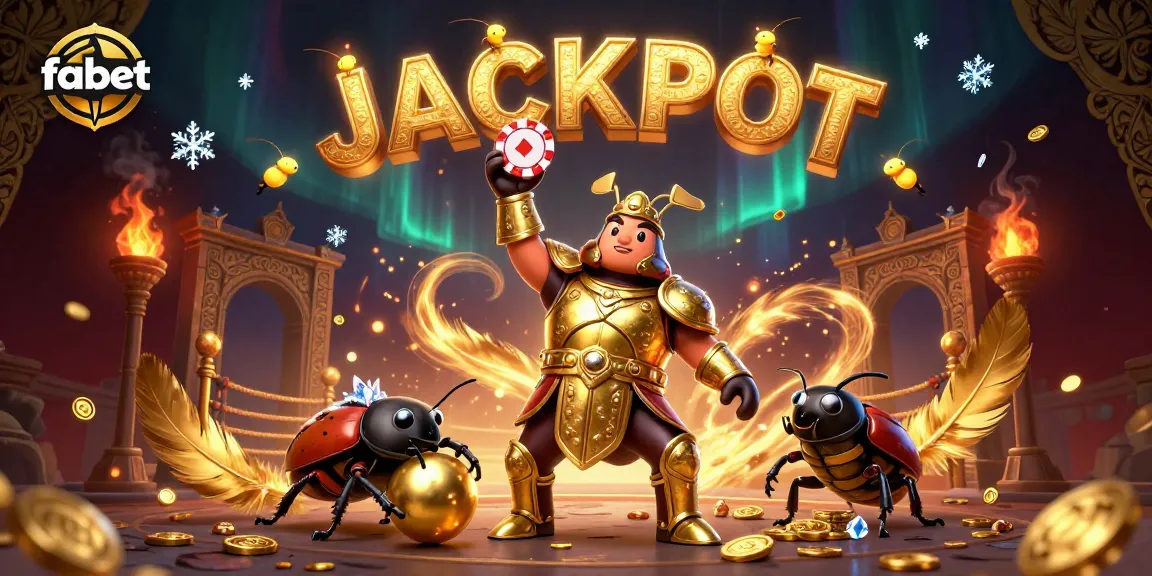 Win big at fabet with a victorious beetle lifting poker chips amidst glowing jackpot fireflies.