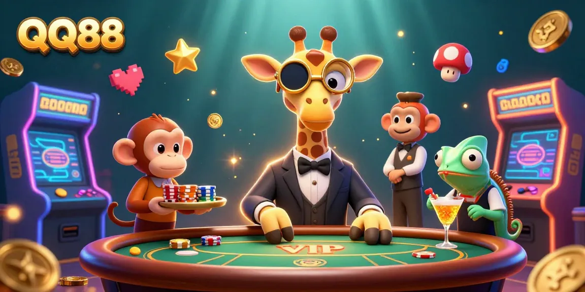 Experience thrilling gaming at QQ88 with a high-roller giraffe and playful characters in a vibrant casino scene.