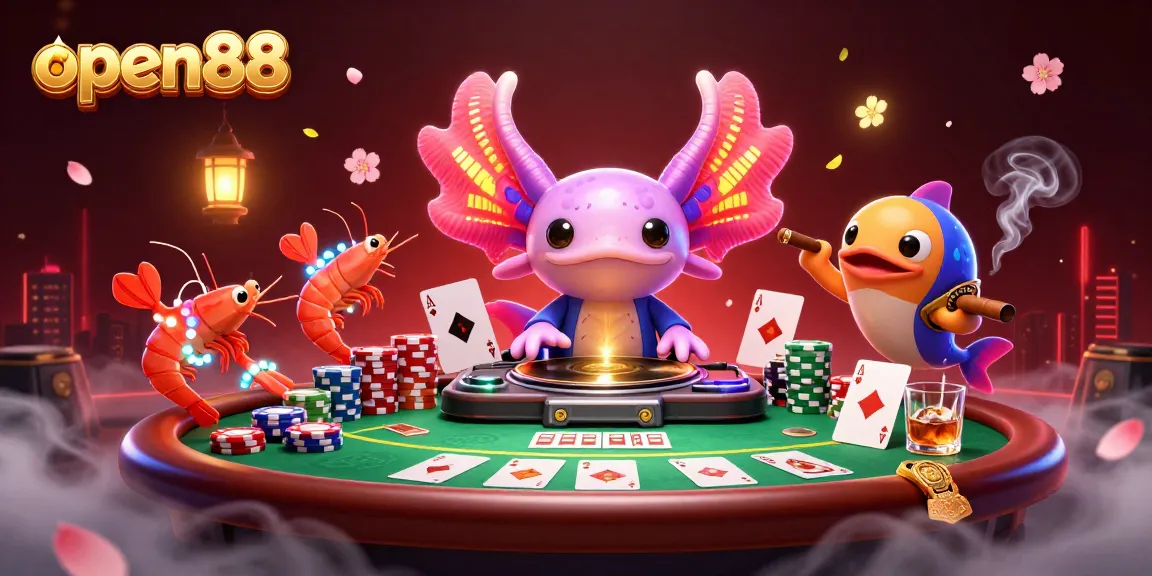 Experience the vibrant excitement of open88 poker with animated characters, chips, and cards.