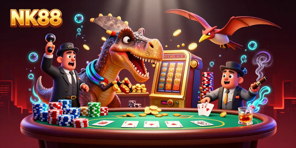 Headbutting the NK88 slot machine, a dinosaur scene filled with vibrant colors of gold coins.