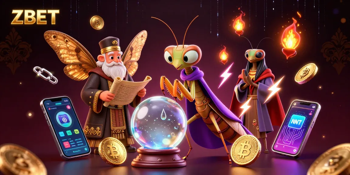 ZBET Casino: 3D cartoon illustration of a fortune teller, moth librarian, and crypto elements