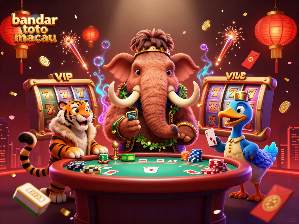 Dynamic scene showcasing bandar toto macau with a playful woolly mammoth bouncer, VIP saber-tooth tiger, and vibrant casino elements.