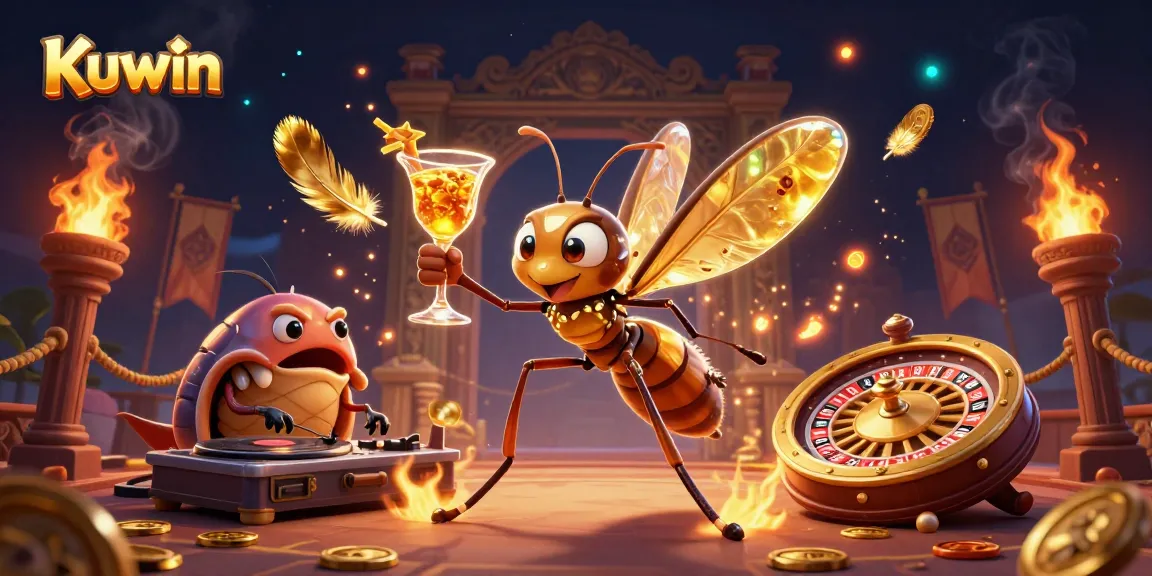 Kuwin's vibrant 3D illustration features a frozen mosquito mascot, a trilobite DJ, and a golden roulette wheel spinning in excitement.