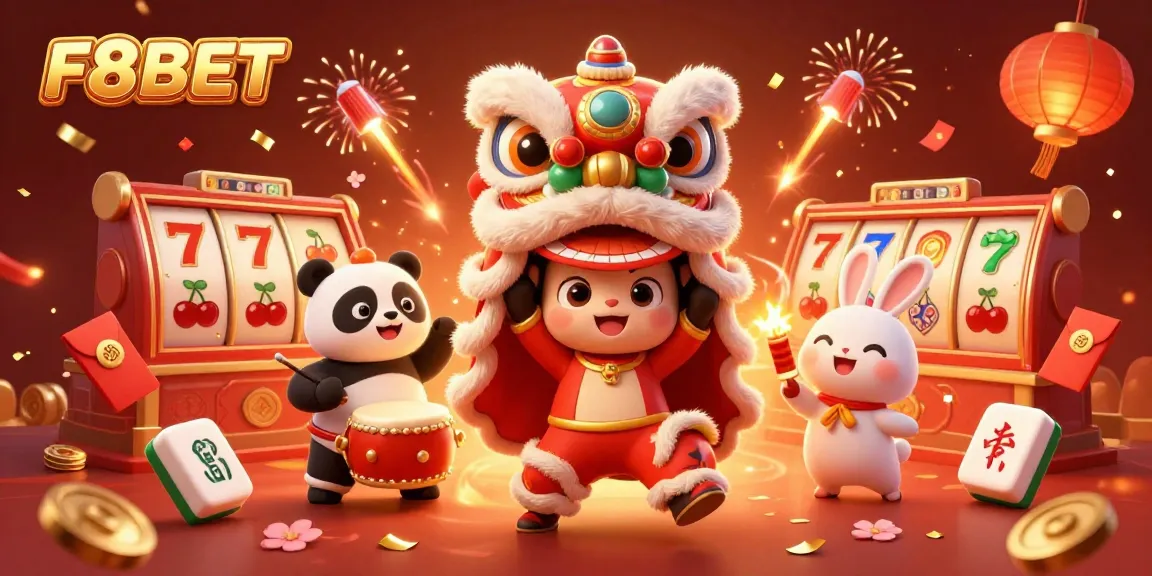 Experience the excitement of F8BET with vibrant casino-themed celebrations showcasing a lion dance and fireworks.