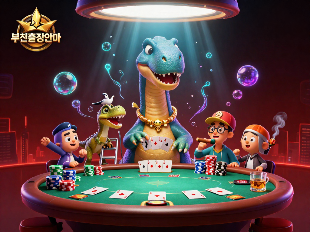 Experience thrilling 부천출장안마 with a giant dinosaur and a clever raptor at a vibrant poker table.