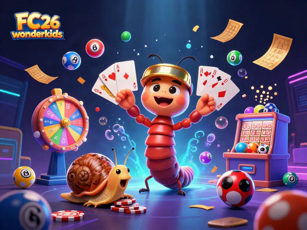 Experience the excitement of FC 26 wonderkids in a vibrant casino scene, showcasing a colorful animated dealer and dynamic lottery elements.