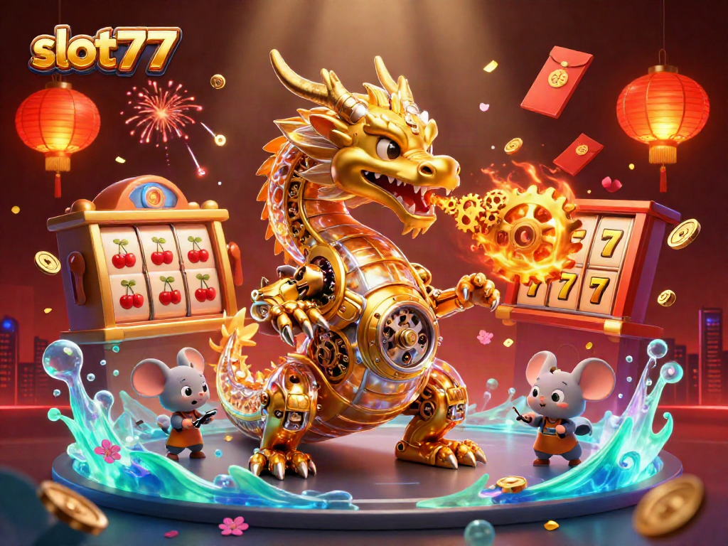 Menangkan slot777 dengan naga emas dan mesin slot, suasana meriah mengelilinginya.