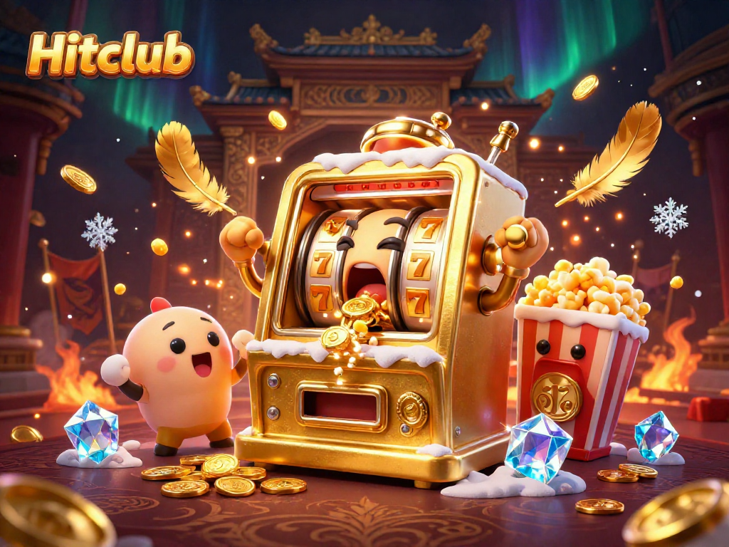 Hitclub jackpots explode in excitement as the animated slot machine and friends celebrate coins overflowing.