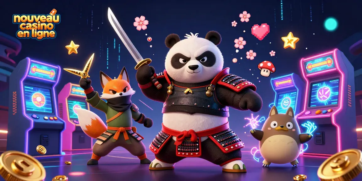 Explorez le nouveau casino en ligne avec une illustration 3D où un samouraï panda et un renard ninja lancent des shurikens dans un univers coloré.