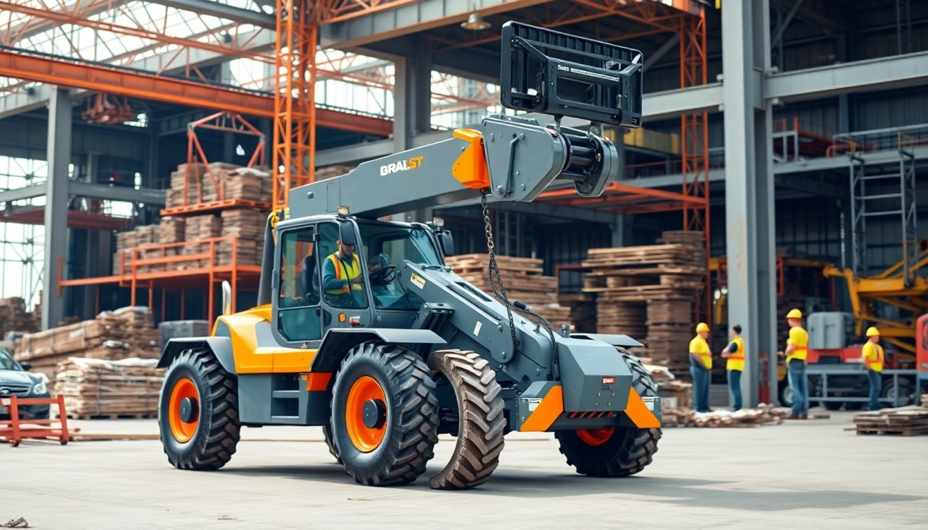 Telehandler lifting materials at a construction site, demonstrating strength and efficiency.