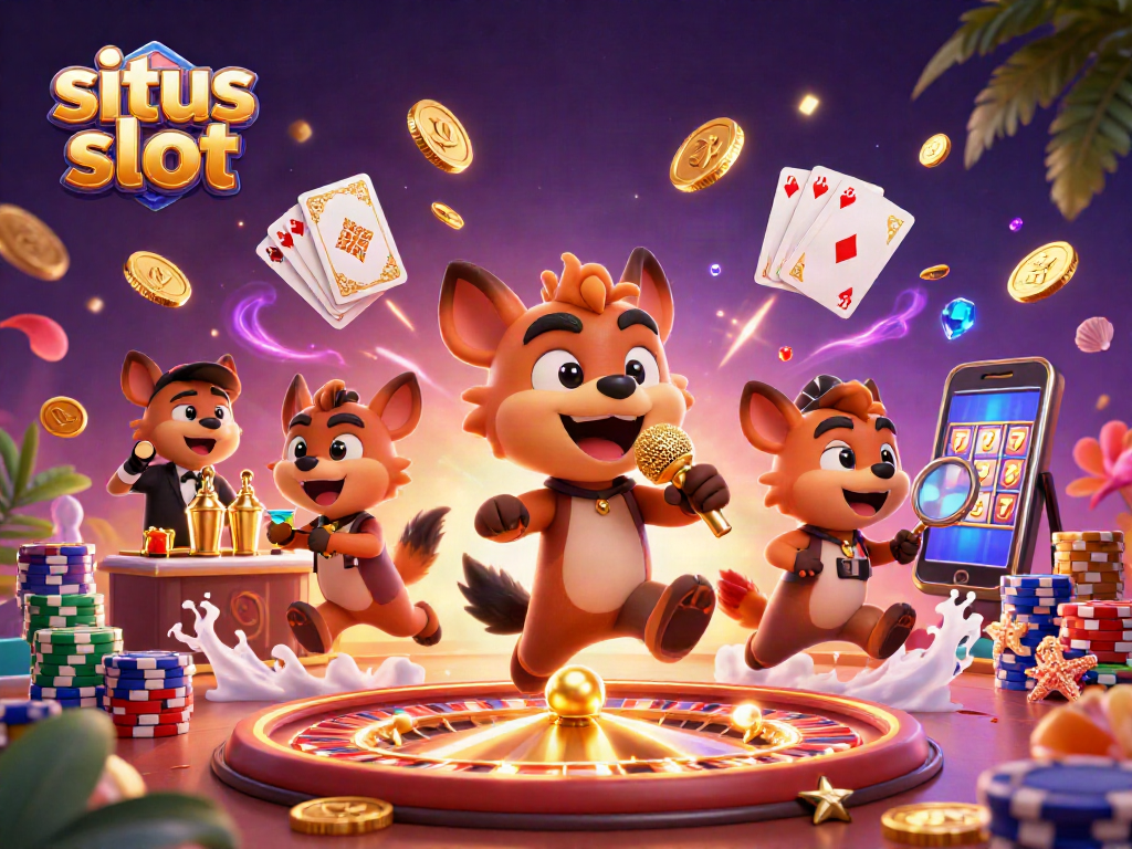 Enjoy the excitement with situs slot at a comedy casino featuring hyena characters in a vibrant scene.