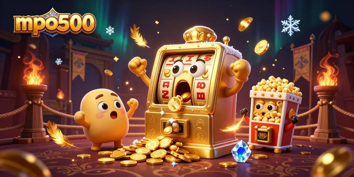 mpo500 triggers jackpot excitement with a golden slot machine's surprise and cheers of smaller machines.
