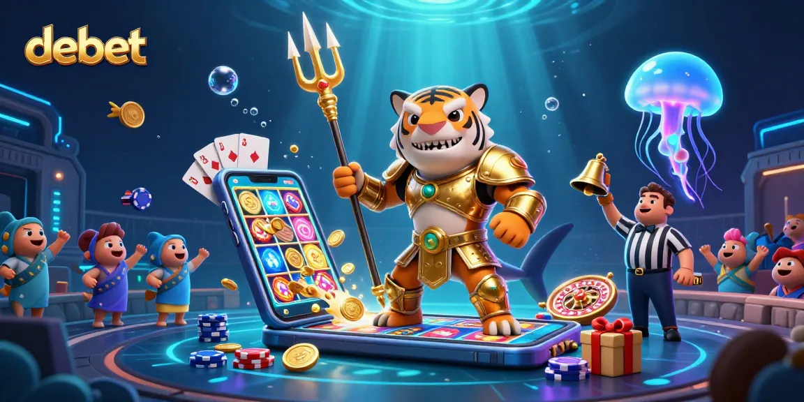 Experience the thrill of debet action in this vibrant 3D casino scene featuring a fierce tiger shark and slot games.