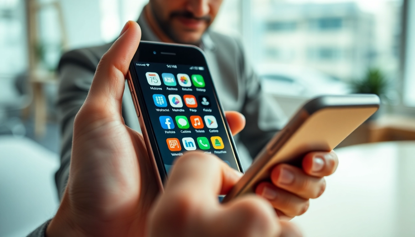 Engaging with top american apps on a smartphone in a modern workspace.