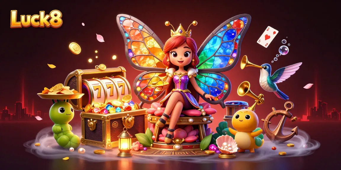 Experience the vibrant world of Luck8 with a colorful butterfly queen and thrilling casino elements.