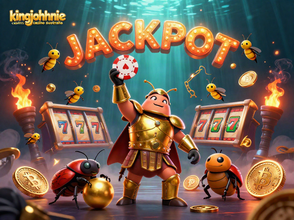 Win big at kingjohnnie casino australia with a heroic beetle scene showcasing colorful slots and coins.