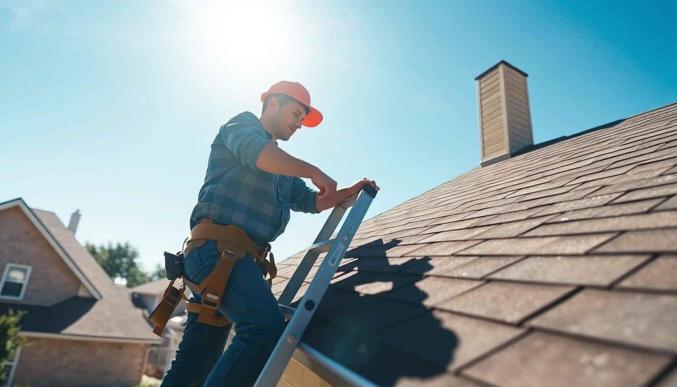 Inspecting roofing during twinsburg oh roof repairs with a contractor on a ladder.