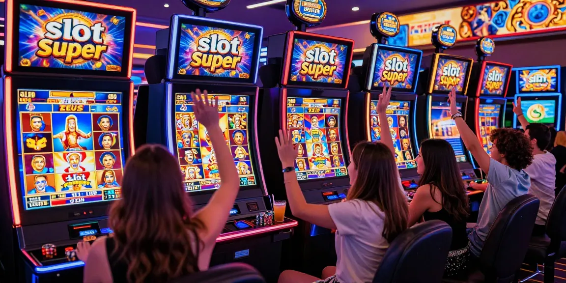 Exciting players enjoying 'slot super' Zeus game at modern casino, vibrant lights and dynamic atmosphere.