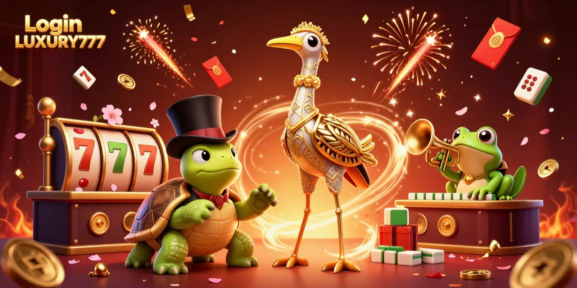 Masuki Login LUXURY777 dengan ilustrasi 3D yang penuh warna dari karakter unik dan elemen kasino.