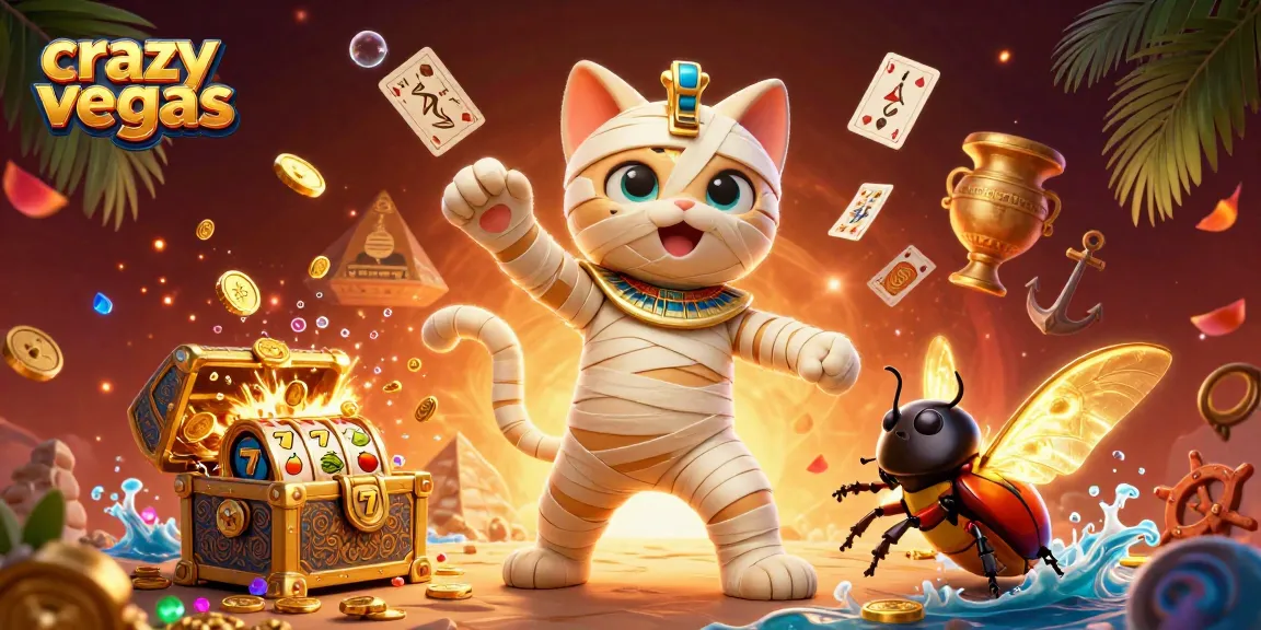 CrazyVegas features a lively scene with an Egyptian mummy cat and glowing scarab, showcasing slots and casino elements.