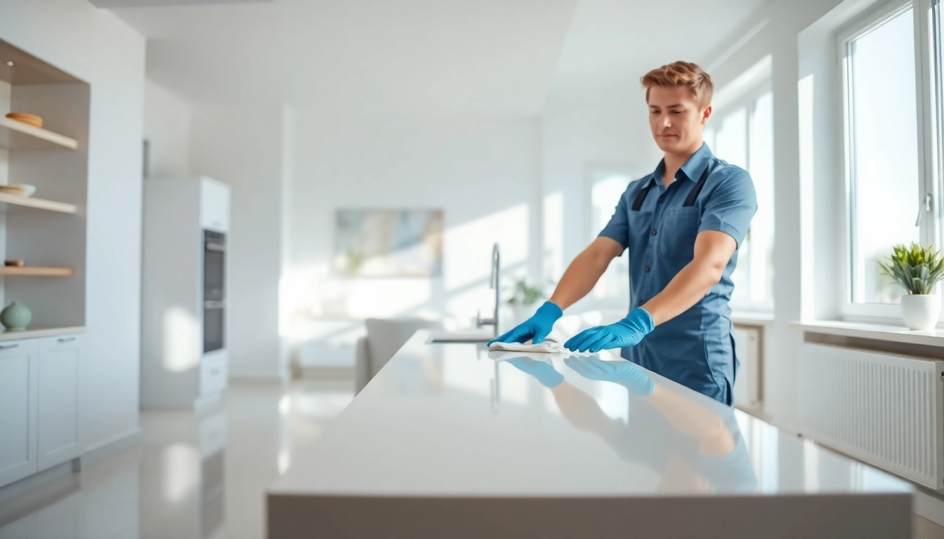 Bond cleaning professional scrubbing a kitchen countertop in a bright home.