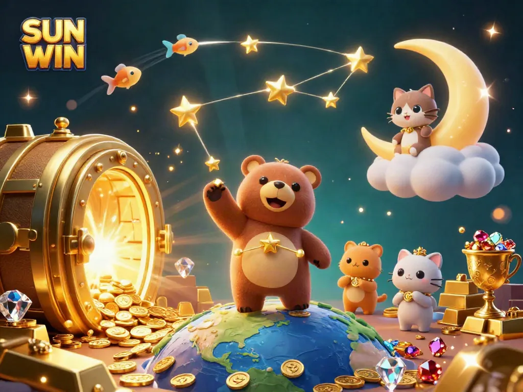 Win big with SUN WIN in this vibrant 3D casino scene showcasing golden treasures and cosmic companions.