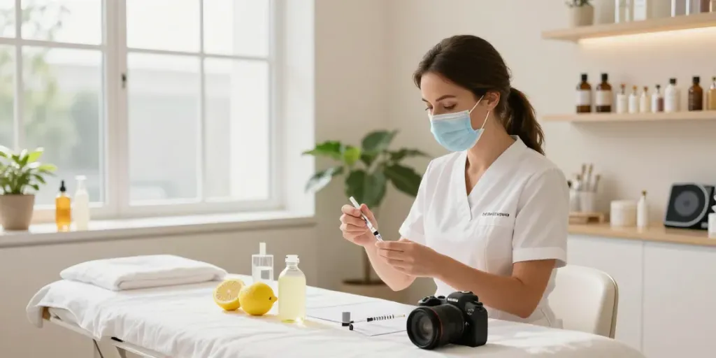 Preparing lemon bottle peptide injections in a modern wellness clinic.