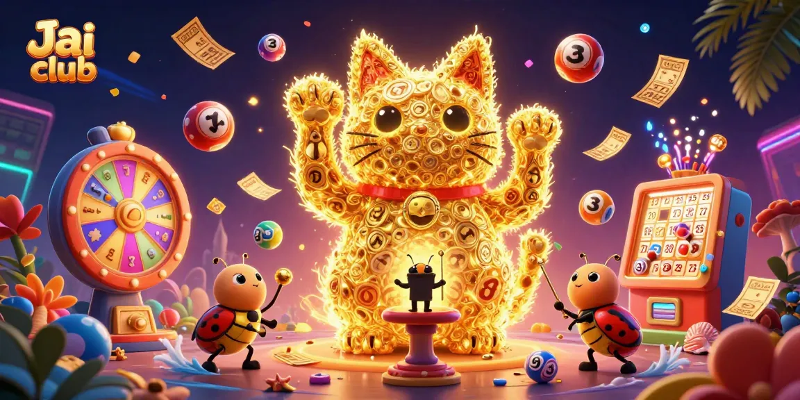 Engage with Jai club's vibrant gaming scene featuring a lucky cat, lottery balls, and prizes.