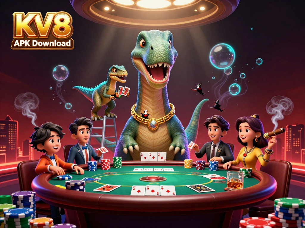 Engage with thrilling moments in the casino world with KV8 APK Download as a clever raptor deals cards from a massive brontosaurus!