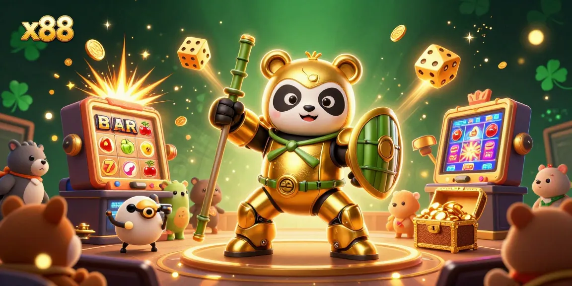 x88 showcases a lively casino atmosphere with a mech-suit panda engaging in vibrant gambling activities.