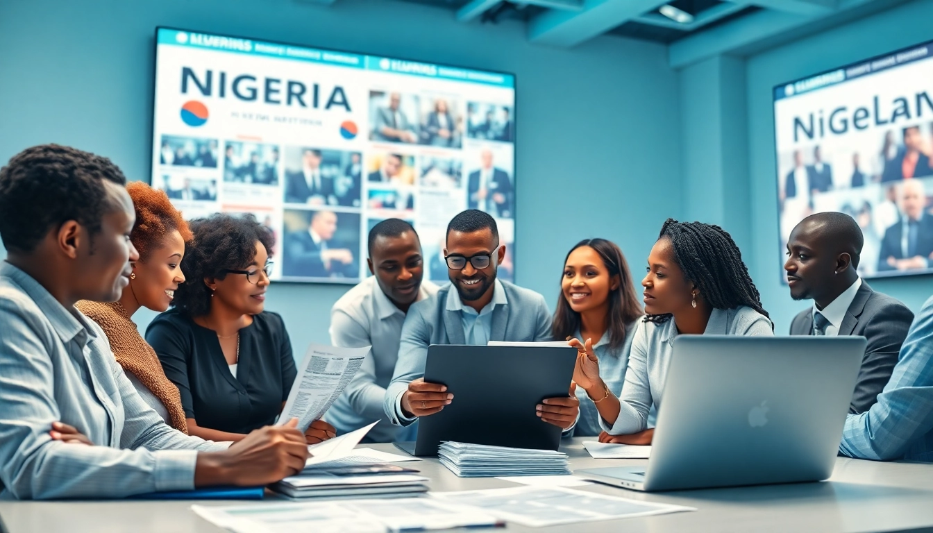 Journalists collaborating on stories about Nigerian Newspapers in a vibrant newsroom.