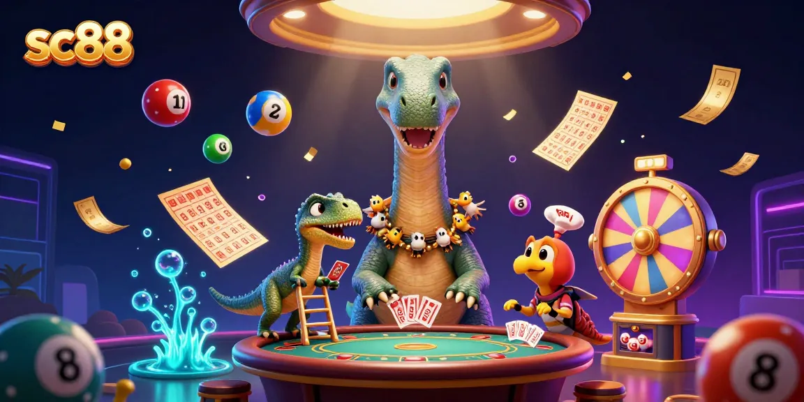 Spin your luck with sc88 in this vibrant casino scene, featuring a playful brontosaurus and dynamic games.