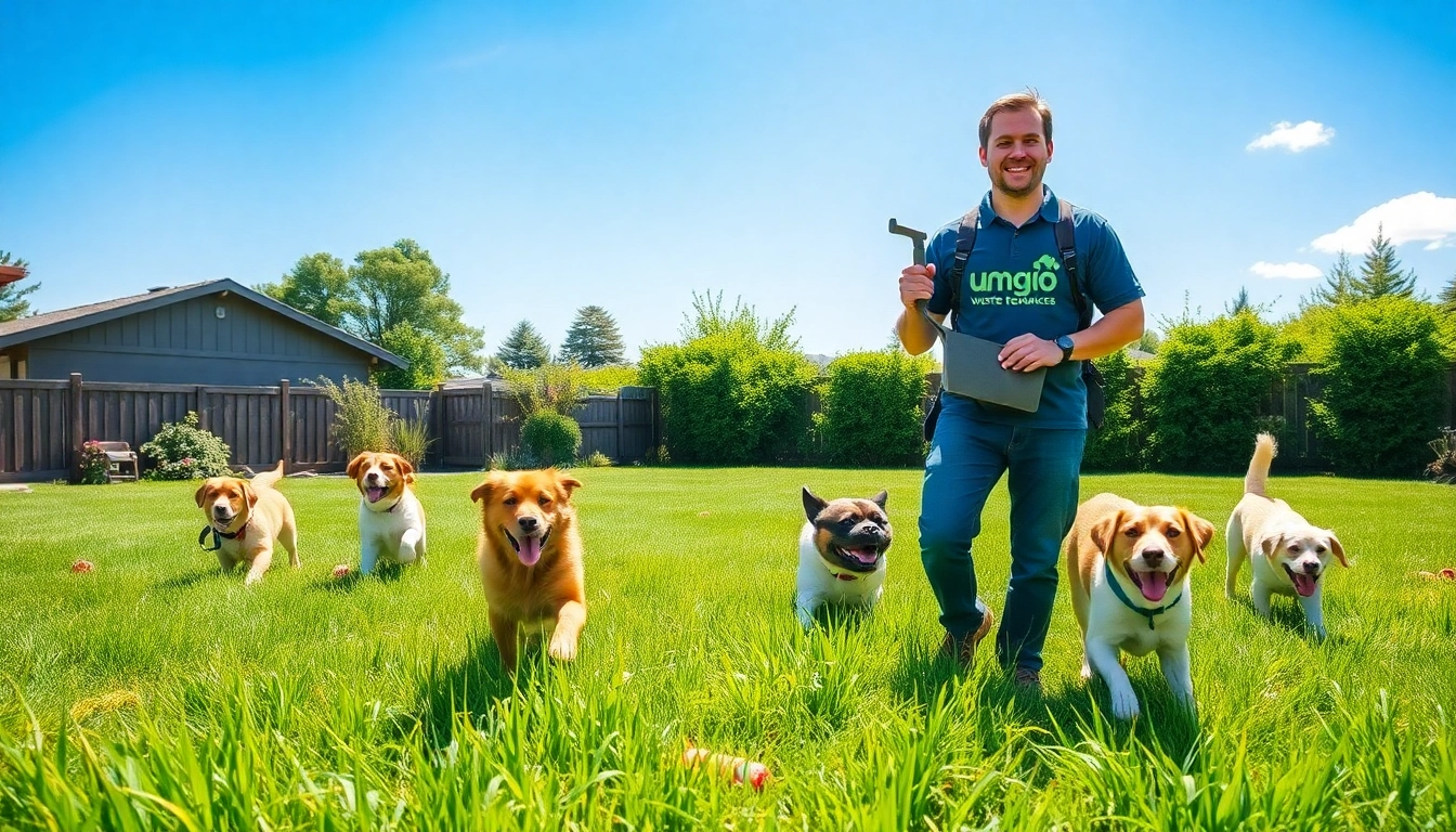 Offering exceptional dog waste removal services with a friendly worker amidst a vibrant backyard.