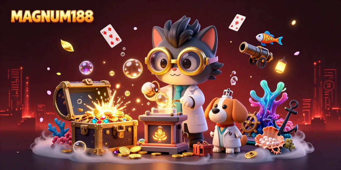 Experience the excitement of MAGNUM188 with a vibrant 3D illustration featuring a mad scientist cat creating a gold-coin machine.