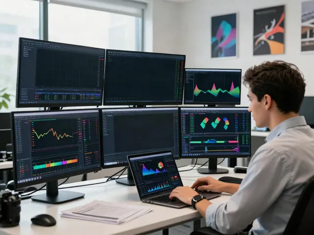 Traders utilizing MetaTrader 5 in a modern office environment for financial market analysis and trading.