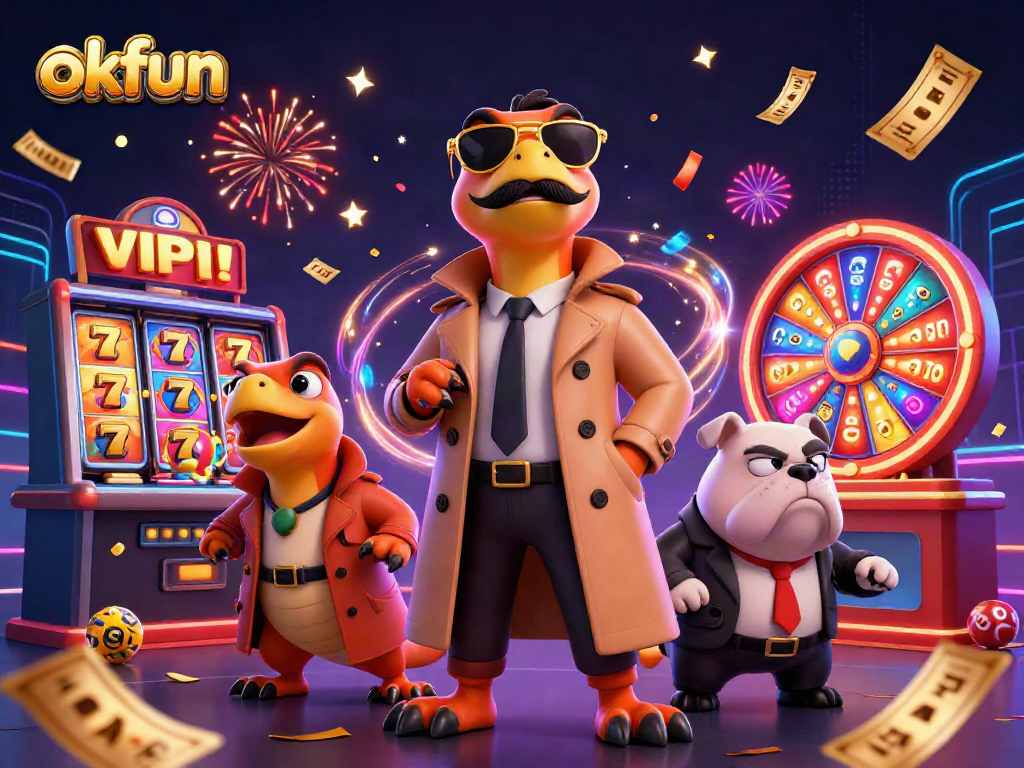Experience the excitement of okfun with raptors in a trench coat entering a VIP casino.