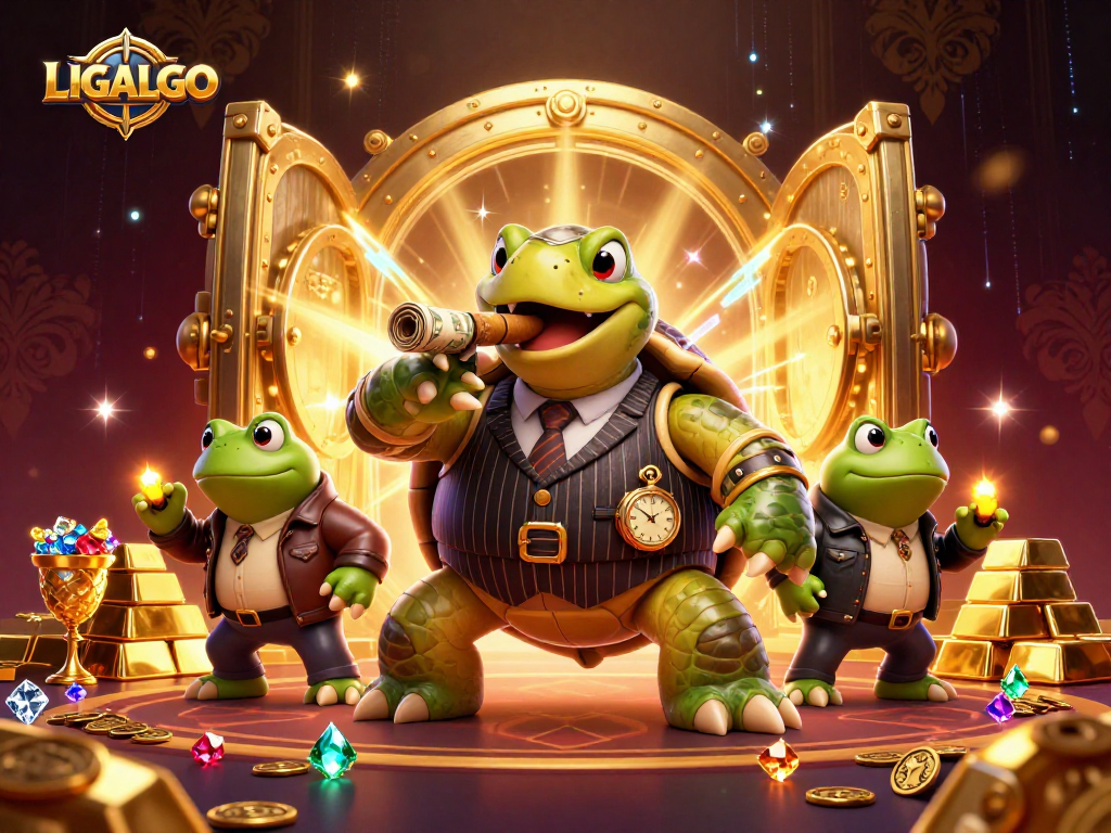 LIGALGO showcases a flashy 3D casino scene with a snapping turtle leading bullfrog enforcers amidst gold treasure and vibrant lights.