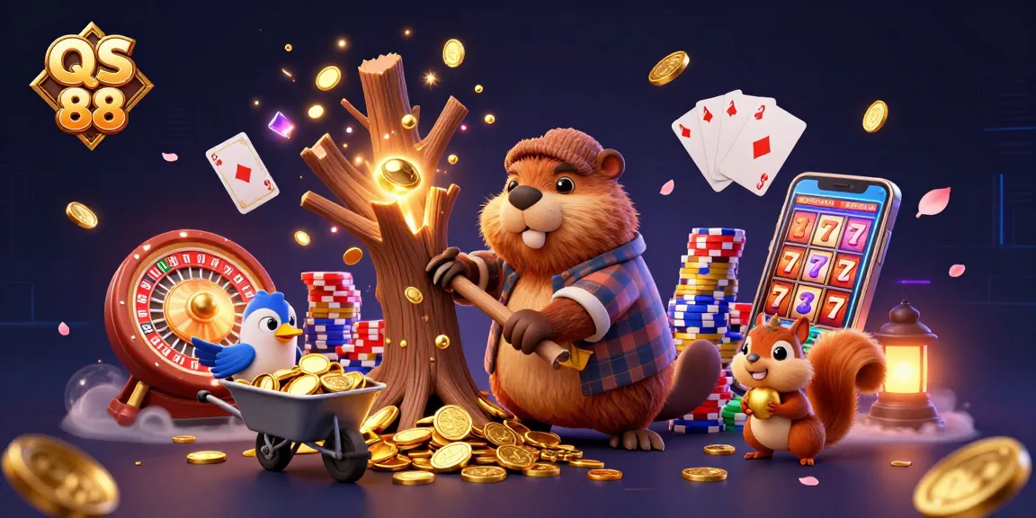 Engage with QS 88's thrilling gaming atmosphere featuring a beaver surrounded by golden coins and lively game elements.