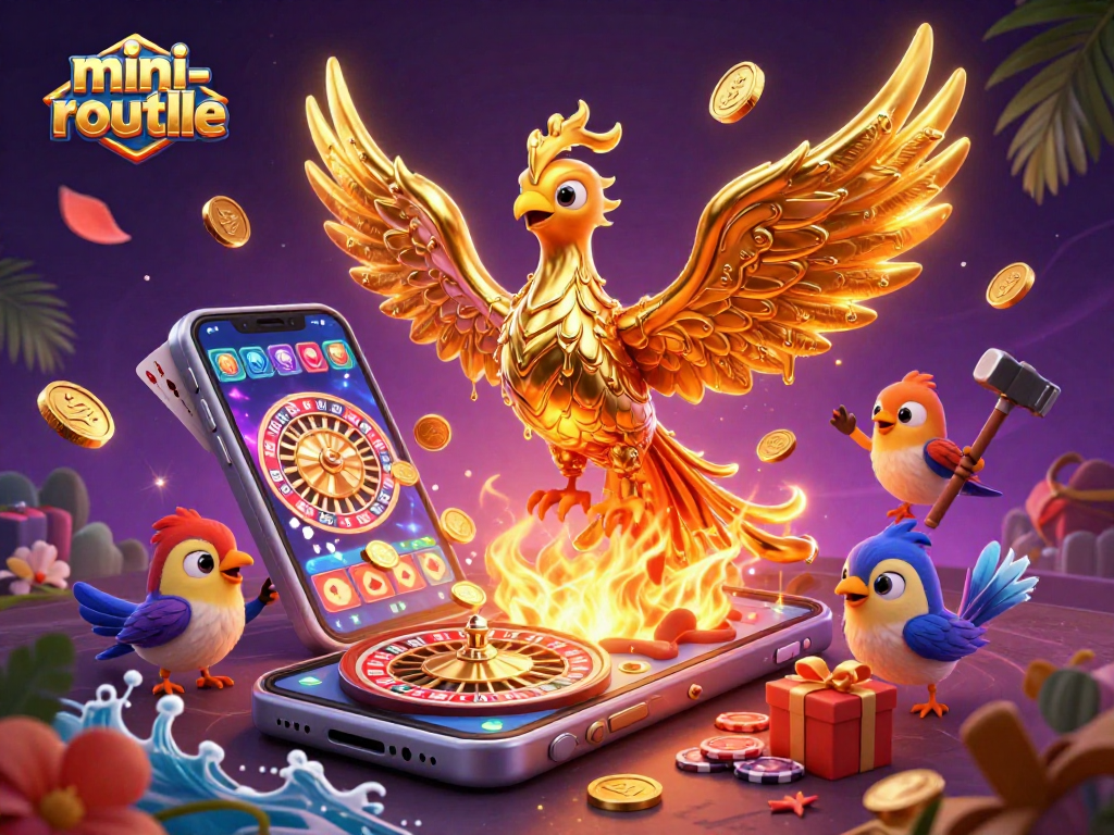 Engage in mini-roulette excitement with a vibrant golden phoenix amidst a 3D casino scene.
