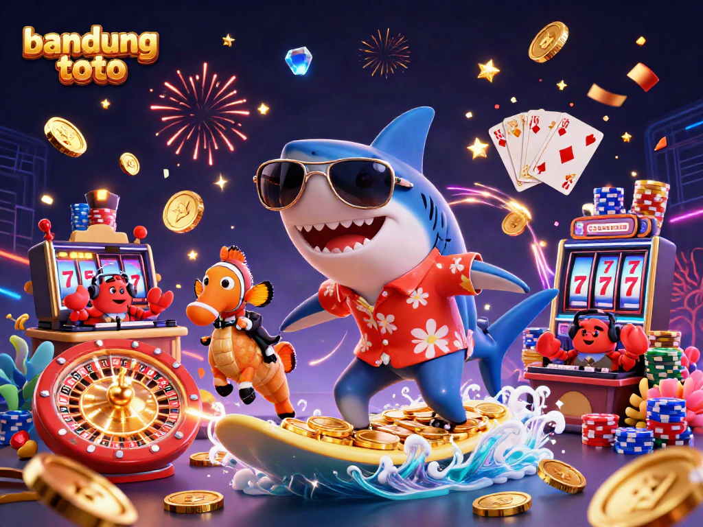 Engage with bandung toto-themed casino fun in a vibrant 3D scene featuring playful characters and rich gambling elements.