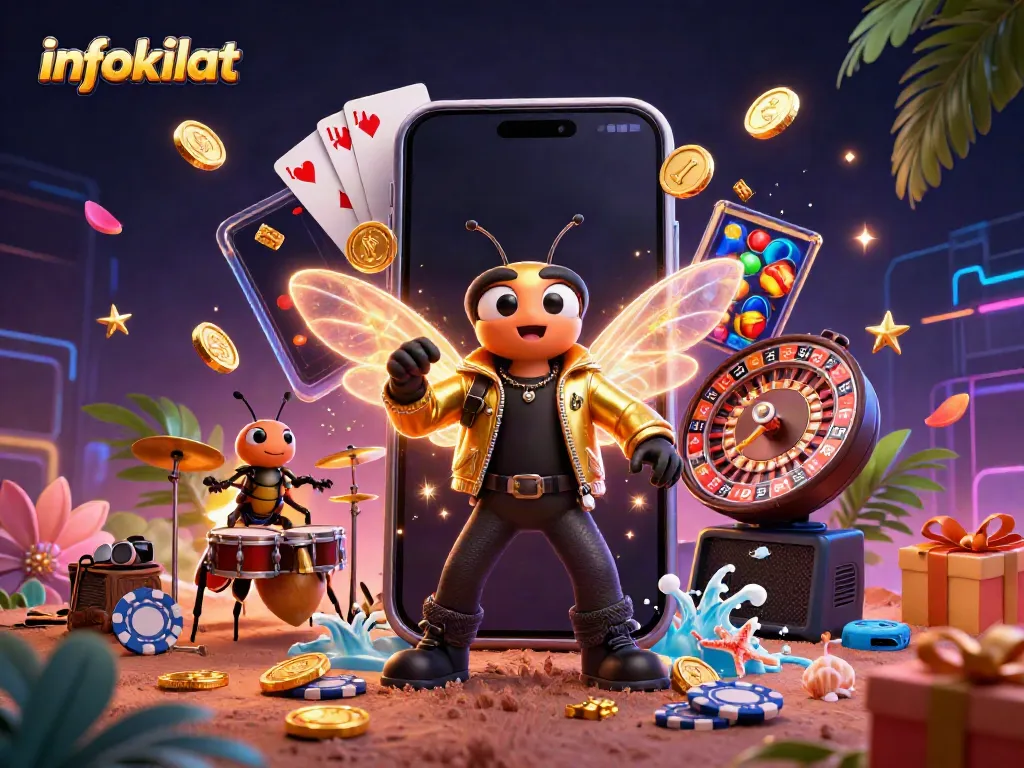 Infokilat's vibrant casino scene with a cicada rock star and dynamic slot game elements.