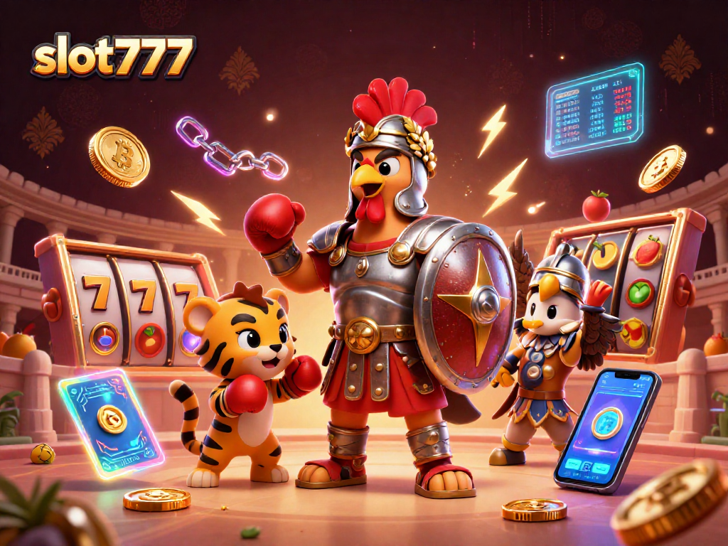 Spin slot777 with a gladiator rooster and tiger cub in an electrifying casino arena setting.