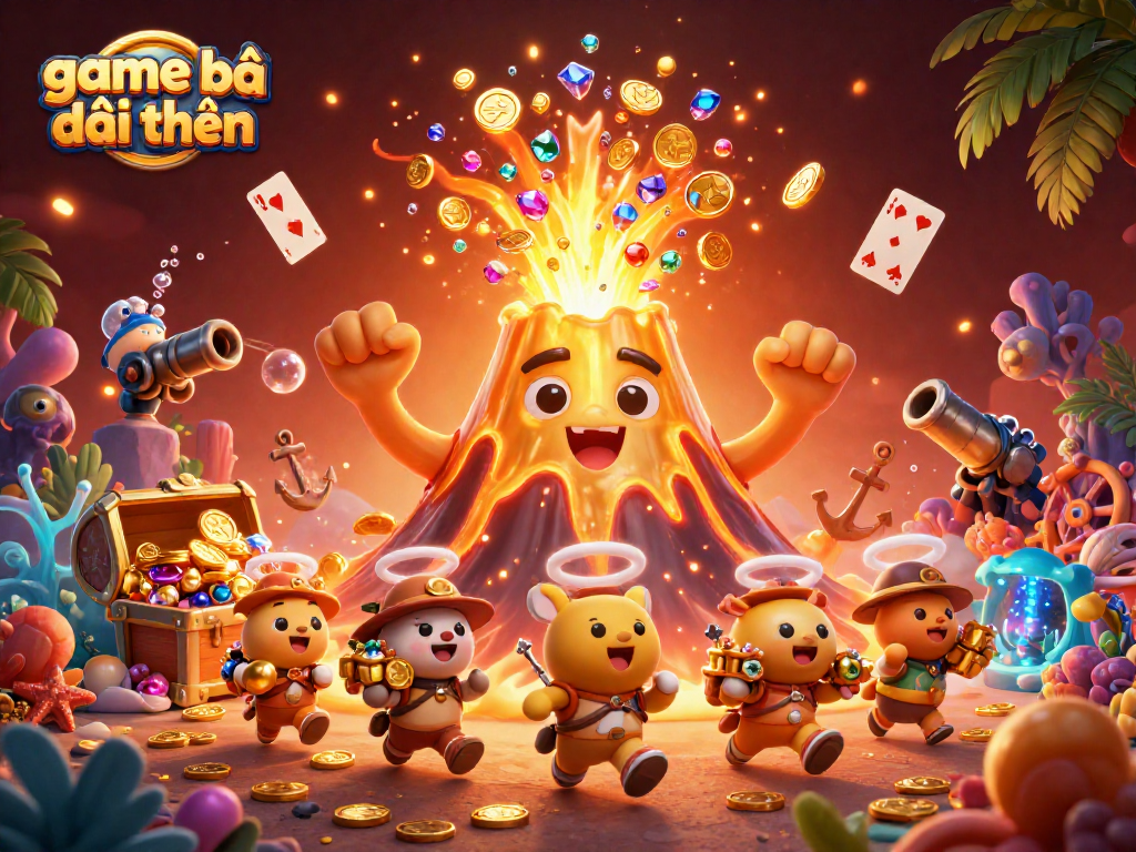 Engage with game bài đổi thưởng as treasure erupts from a golden volcano with vibrant gambling elements.