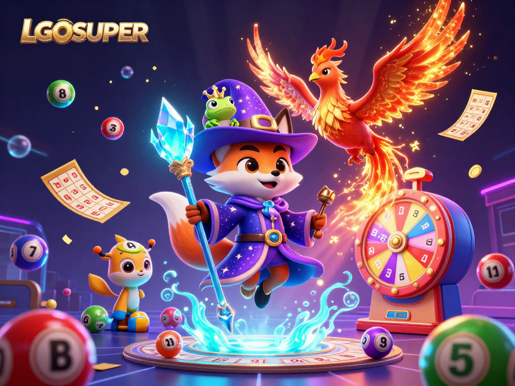 Engage with LGOSUPER's fun lottery scene showcasing vibrant lottery games and magical characters.