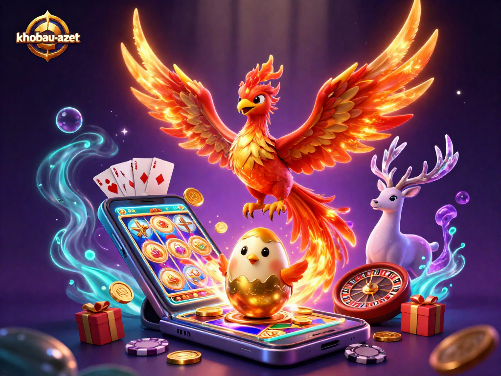 Engage in golden wins with khobau-aztec as a phoenix rises amidst the vibrant casino elements.