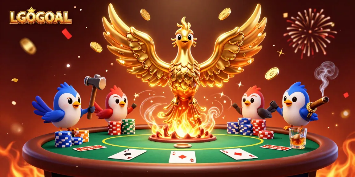 Experience high-stakes gaming with LGOGOAL, featuring a molten gold phoenix and vibrant poker elements.