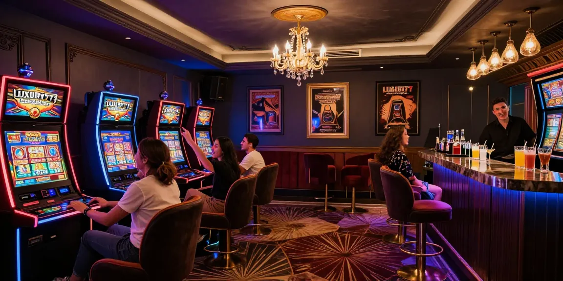 Pengalaman bermain slot di LUXURY777 di lounge mewah dengan suasana penuh warna.